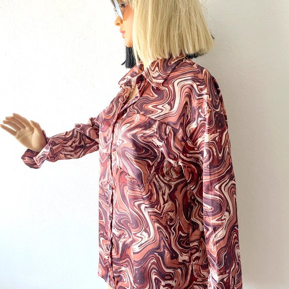 Swirl Print Button Up Blouse | Silky Blouse | Psychedelic Shirt | Funky Blouse S - Picture 6 of 9